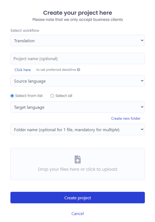 Screenshot of the Create Project window